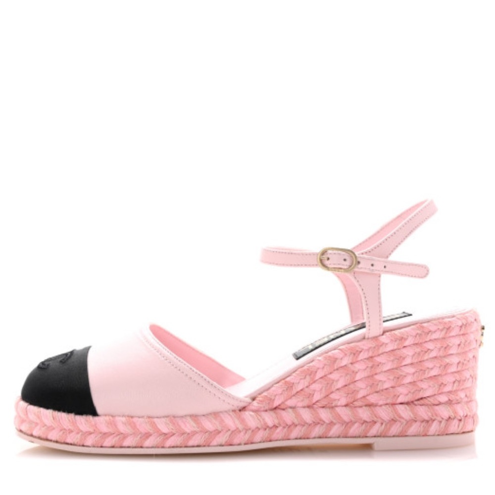 CHANEL 
Lambskin Grosgrain CC Espadrilles Wedges 38 Pink Black